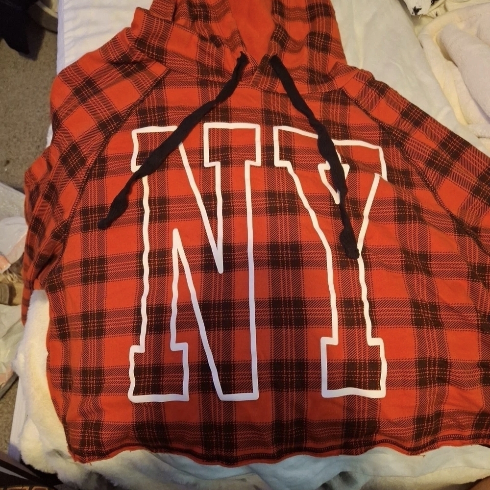 Red Plaid Hoodie Sweater with 'NY' Graphic